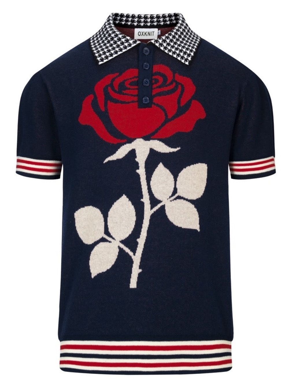 Oxknit Men’s Vintage Rose Houndstooth Art Jacquard Polo Knit Shirt Retro